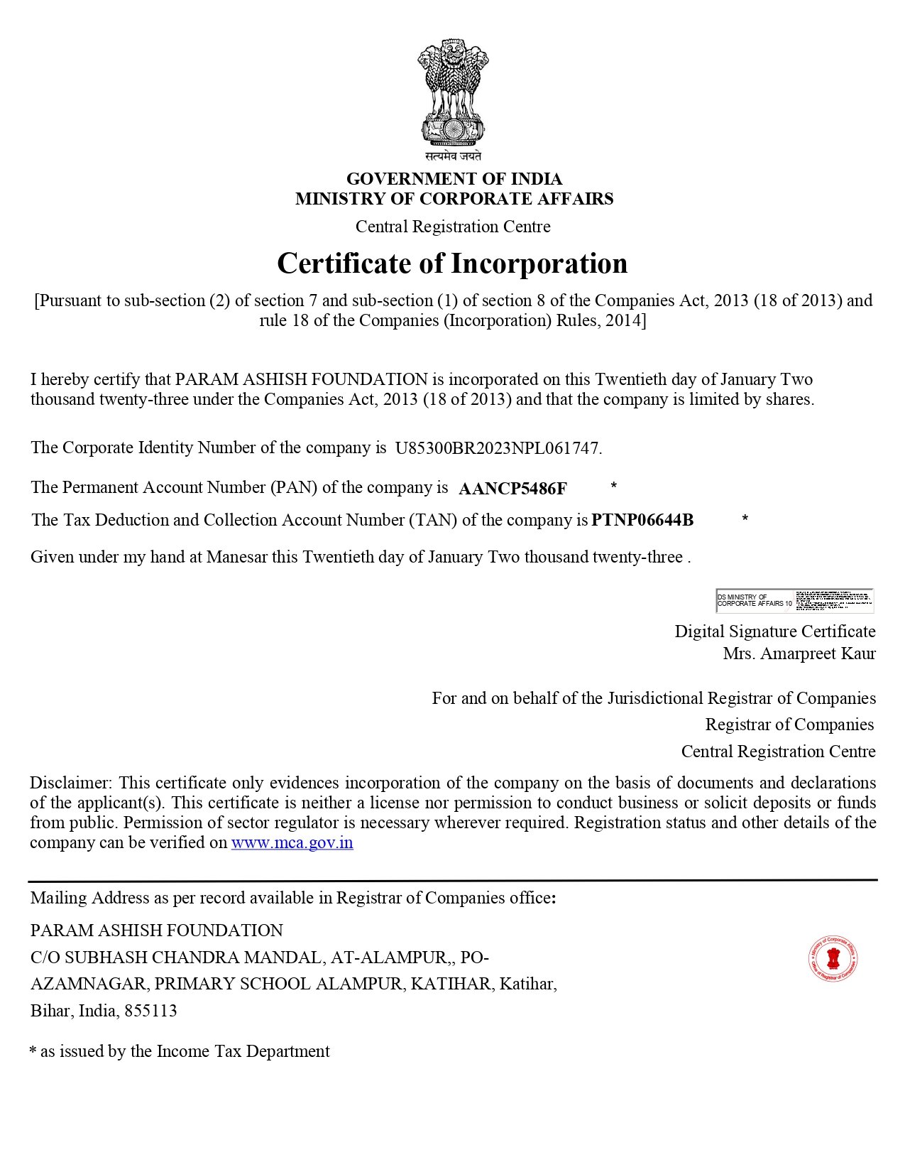 Registration Certificate
